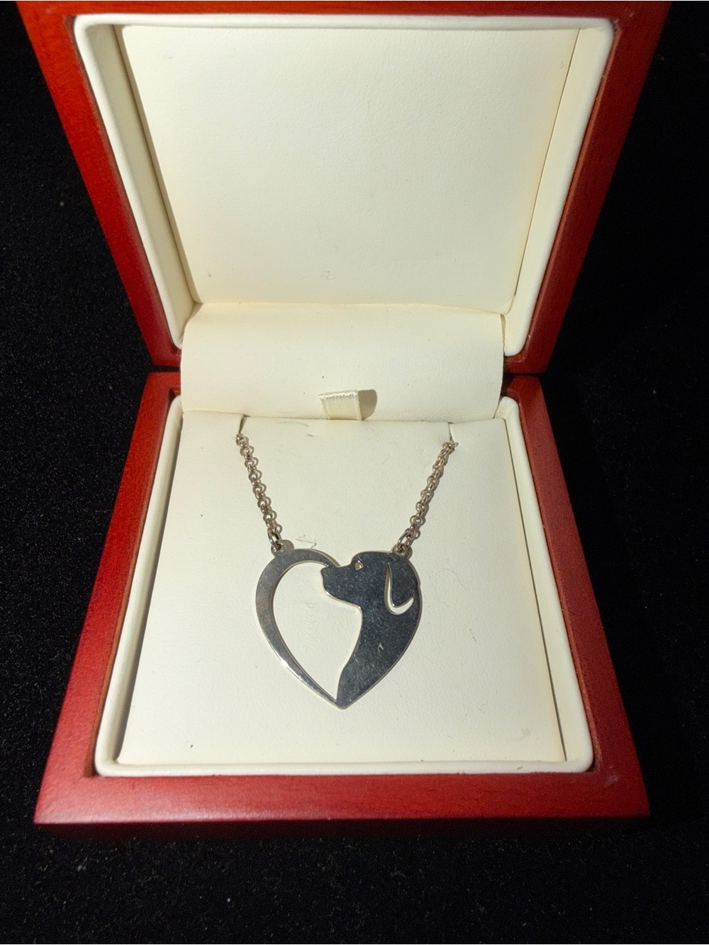 Vintage RCI Italy Sterling Silver Open Heart & Dog Sihlouette Pendant Necklace